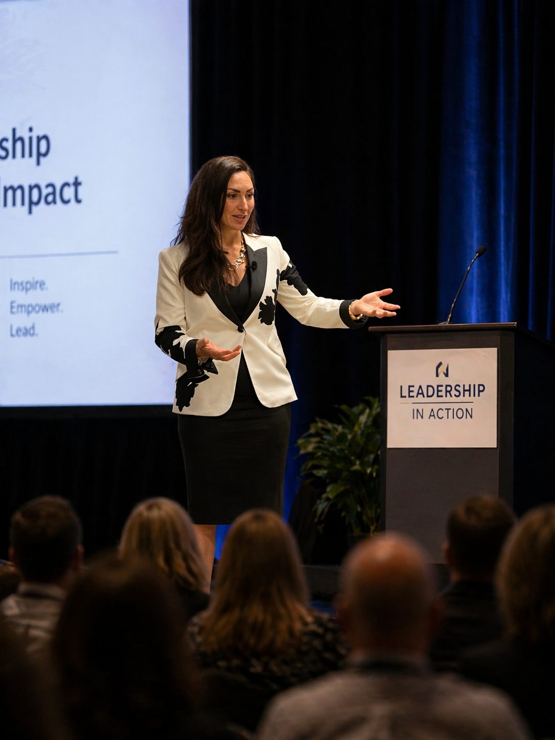JJ Mahoney speaking on stage at Leadership in Action